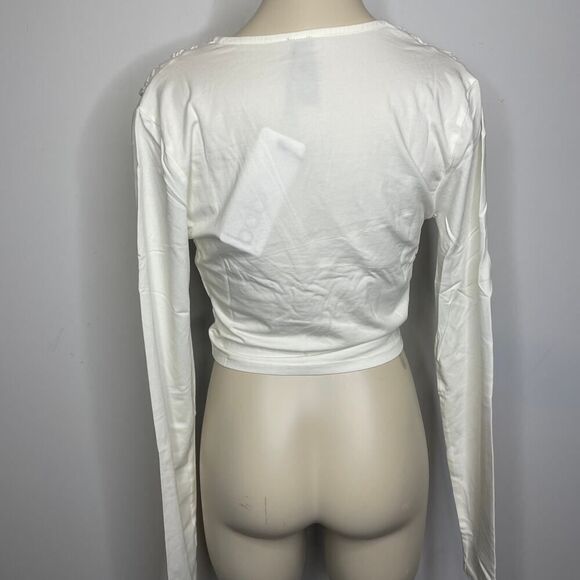 NWT Bobi Front Knot Crop Top MEDIUM Cream Long Sleeve Jersey Knit Casual Modern - Picture 4 of 10
